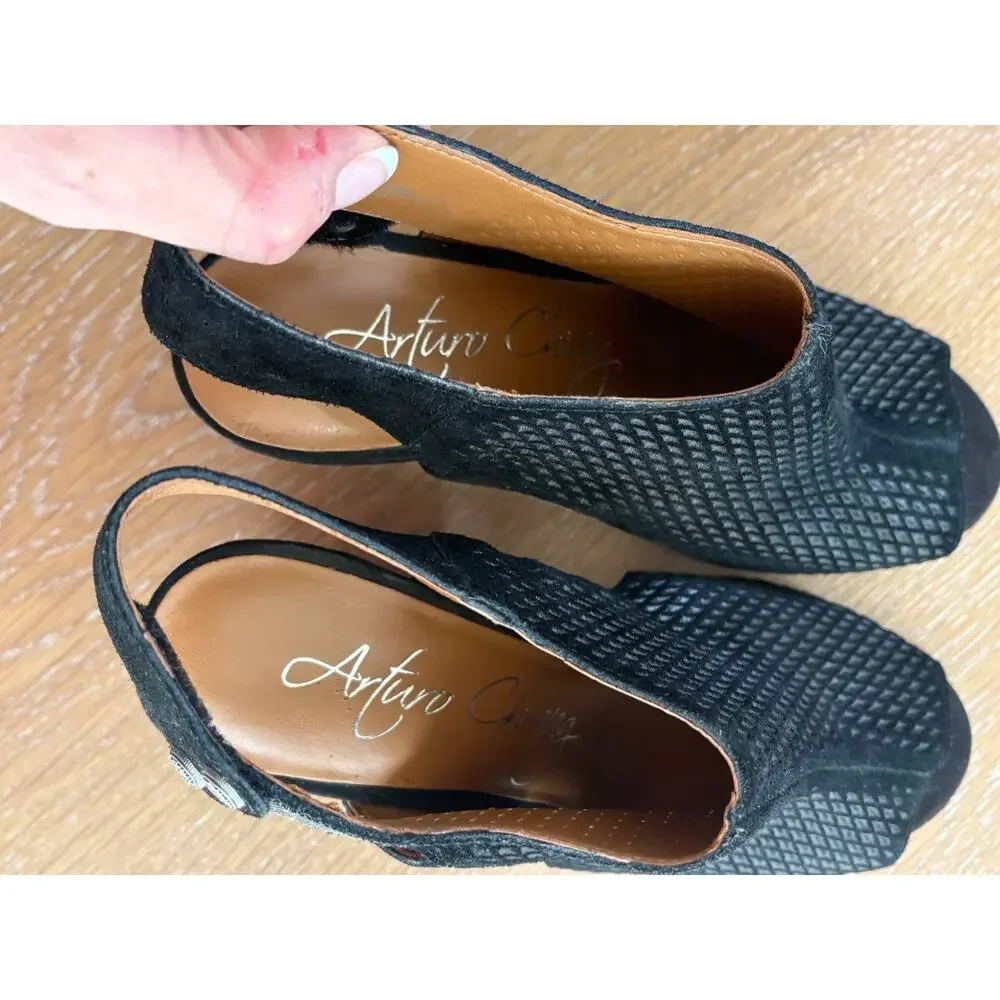 Arturo Chiang Janel Black Suede Perforated Slingback Block Heel Sandals Size 8M